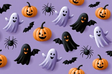 Fototapeta premium Halloween pattern with cartoon ghosts, pumpkins, bats, and spiders