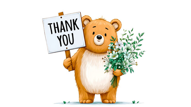 A cartoon brown bear holding a sign that says thank you and flowers