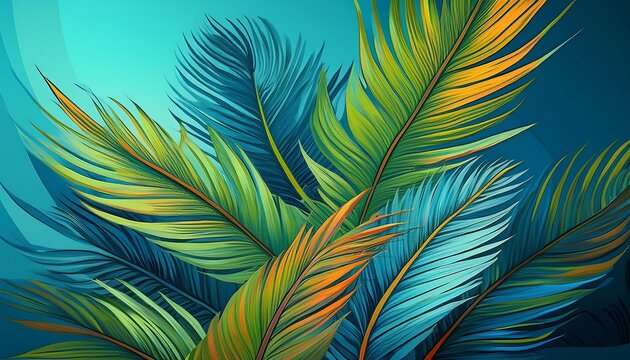 tropical summer palm leaves vertical on blue background