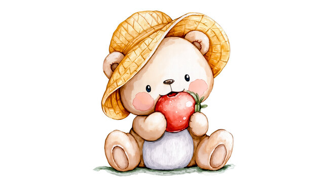 A cute cartoon teddy bear wearing a straw hat and eating an apple