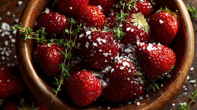 Top view of a rustic wooden bowl containing juicy ripe strawberries, fresh thyme sprigs scattered around