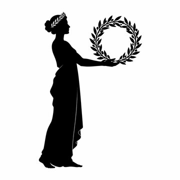 Black silhouette of an ancient Greek woman wearing a chiton and laurel crown, holding a circular olive wreath of victory, isolated on white background, symbolizing honor and triumph.