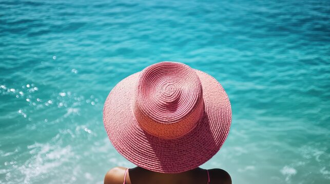 Woman wearing a large pink sun hat and swimsuit straps looking out at turquoise ocean, serene and relaxed summer scene with sparkling water and gentle waves