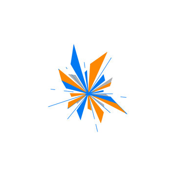Abstract geometric starburst festival logo icon with blue and orange sharp elements exploding on a white background