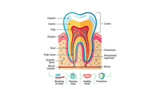 Tooth Anatomy Diagram: Cross-section of human tooth with labels and dental hygiene icons.