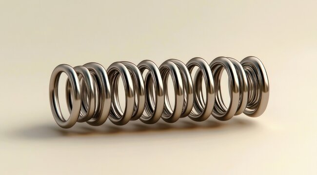 polished chrome coil spring on a smooth beige surface, clean minimalist composition conveying calm and precision