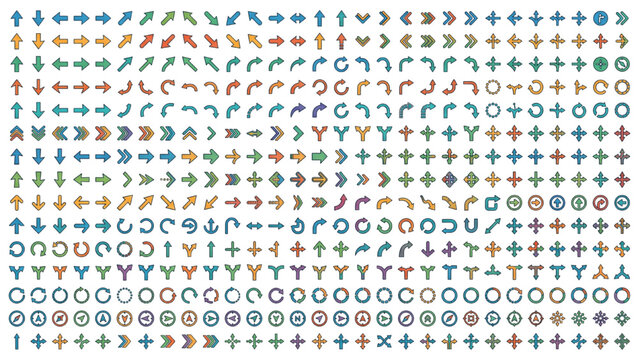 A large collection of colorful arrows pointing in various directions and displaying different styles, suggesting movement and choice