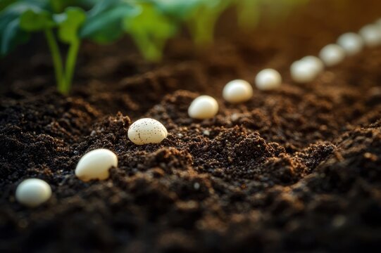 close-up of small white seeds planted in dark soil in a neat row with blurred seedlings in the background, conveying hopeful nurturing and new growth