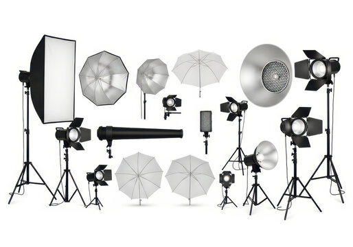 Professional Photography Studio Lighting Equipment Set with Softbox, Umbrellas, Reflectors, and Flash Units on White Background