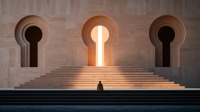 Minimalist brutalist architecture with large keyhole archways and a sitting figure