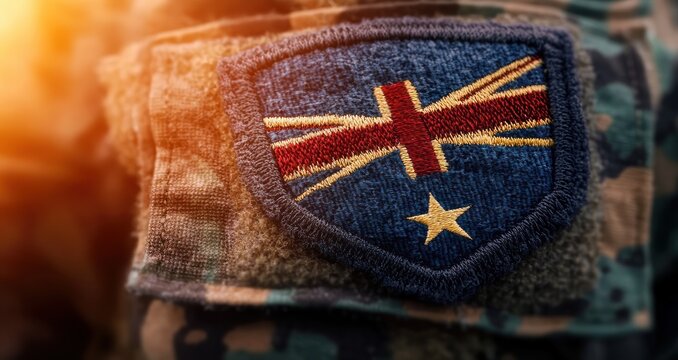 Close-up of embroidered flag patch with angled red and yellow cross and single star on camouflage uniform sleeve, warm sunlight and a proud rugged mood