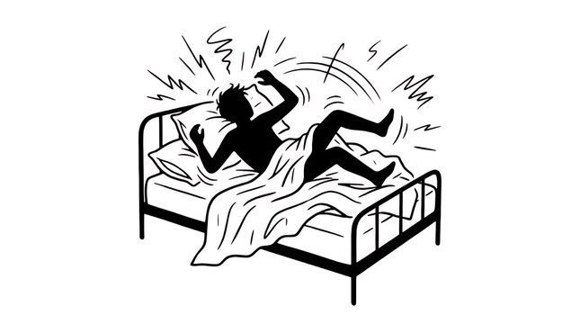 Man struggling with insomnia or nightmares in bed illustration