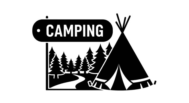 Vector illustration of camping sign with a teepee tent and forest landscape on a transparent background