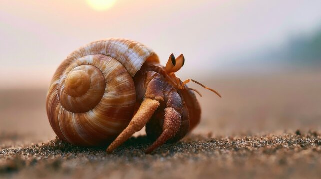 Hermit Crab With Shell On Sandy Beach At Sunrise