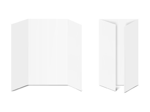Blank white gatefold card. Realistic vector mockup. Open single gate fold brochure, presentation, event invitation. 3d mock-up. Template for design