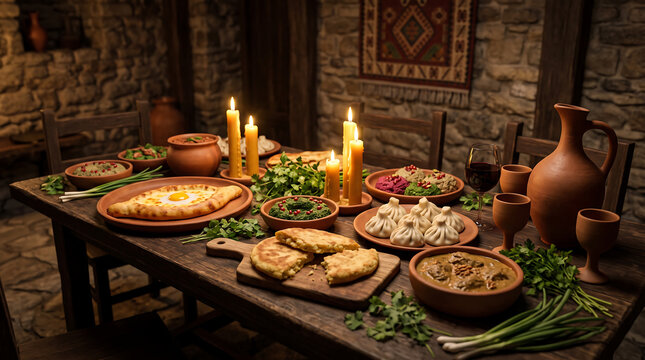 Georgia, Georgian food culture, traditional supra table, fresh herbs, roasted vegetables, beeswax candles, intimate evening scene