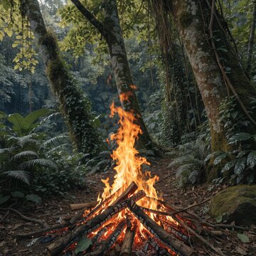 Setting up a campfire in the forest.