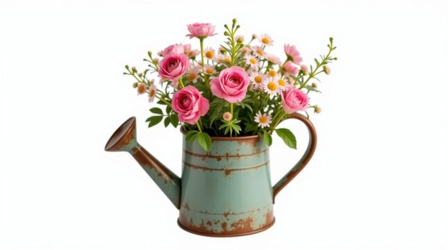Arreglo floral en una regadera oxidada con una mezcla de flores de jard&iacute;n campestre