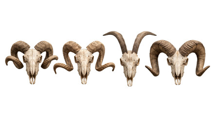 Fototapeta premium Row of detailed animal ram skull specimens isolated