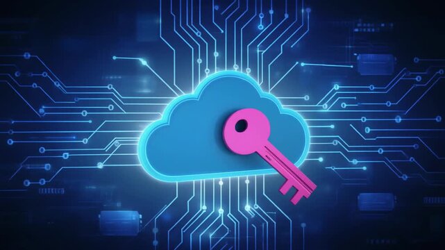 Blue cloud with pink key overlay on glowing circuit background, symbolizing secure cloud computing, encryption, and digital data protection.