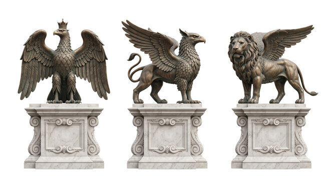 Statues of mythical griffin lion and eagle isolated