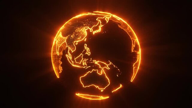 Glowing orange Earth highlighting Asia‑Pacific region on dark background, symbolizing global connectivity, technology, and environmental awareness.