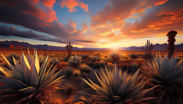 Field With Yuccas During Sunset Under A Sky With Clouds Vertical Shot D Rendered Image