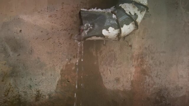 Water Damage Crisis: Deteriorating Industrial Pipe with Active Leak on Stained Concrete Wall