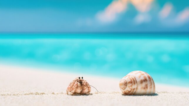 Hermit crab with shell on sandy beach with ocean backdrop