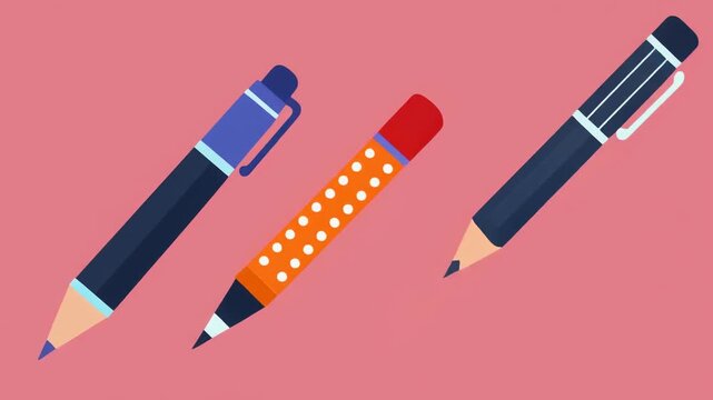 Three writing instruments on a pink background: a blue mechanical pencil with clip, an orange polka-dot pen with red cap, and a black pen with silver clip and tip, highlighting design and color contra