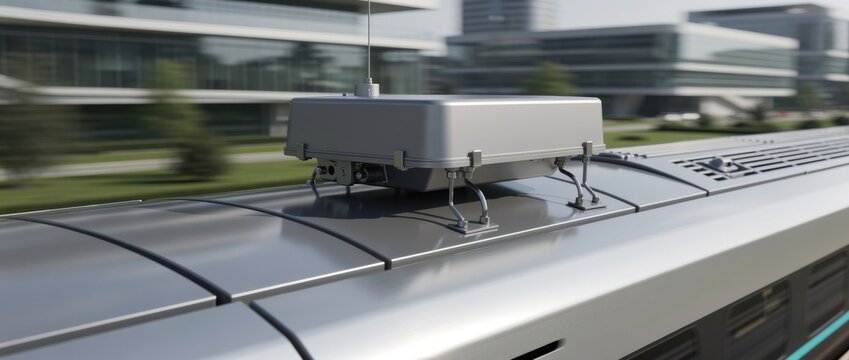 Modern Train Top View with Technology Equipment on Rooftop in Urban Environment Featuring Contemporary Architecture and Clear Blue Sky