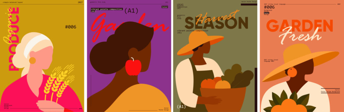 Colorful vector illustrations featuring diverse women in agricultural settings, highlighting organic produce and garden themes. Each design uses bold colors and geometric forms.