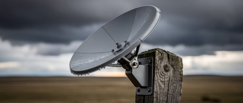 Satellite dish mounted on weathered wooden post against dramatic stormy sky over vast rural landscape during moody dusk light