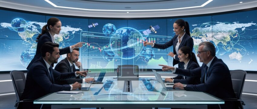 Collaborative Business Meeting with Digital Interface and Global Data Analysis in a Modern Conference Room Setting