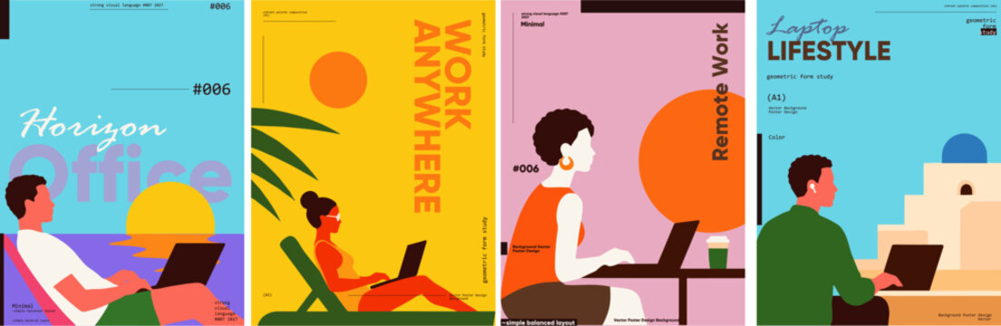 Colorful illustrations depict remote work in various settings, highlighting the flexibility of modern work environments. Each scene features a person using a laptop outdoors.