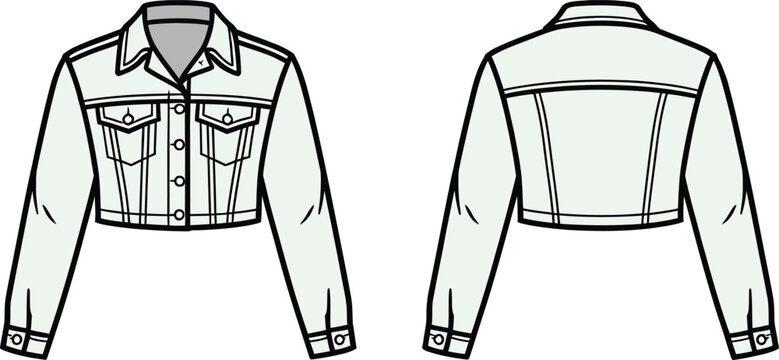Technical fashion illustration of a women's cropped denim jacket front and back views