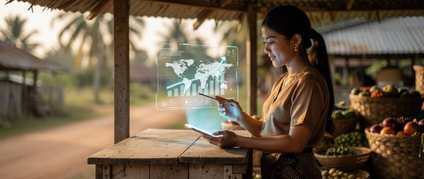 Young woman using digital tablet at outdoor market, analyzing data graphs with world map, tropical setting, fresh produce in background, technology and commerce