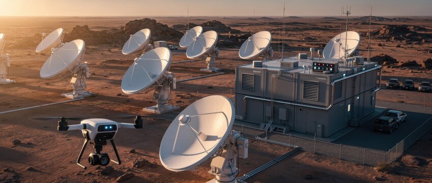 Futuristic Communication Station with Drones and Satellite Dishes in a Remote Desert Landscape at Sunset