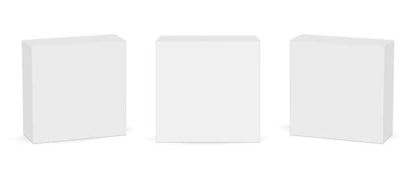 Small square packaging boxes mockups set for branding, label design and product presentation. Vector illustration