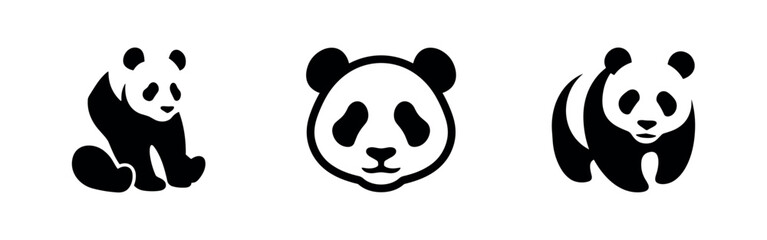 Panda bear icons set. Collection of various giant panda black silhouette symbols. © Lili