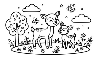 Fototapeta premium Cute kawaii mother deer and baby coloring page vector illustration