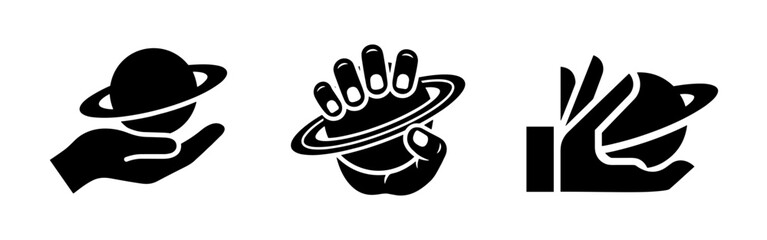 Hand holding Saturn planet icon set. Black silhouette of hands holding ringed planet, space exploration symbol vector illustration. © Lili
