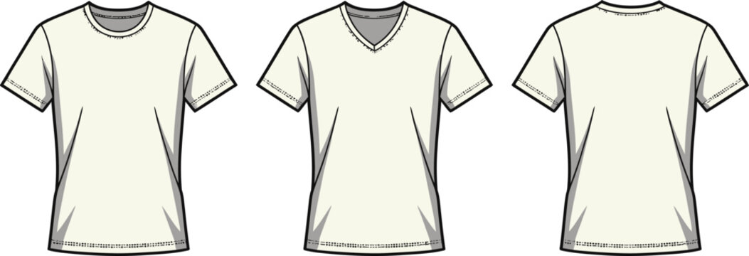 Technical fashion illustration of three neutral t shirts crew v neck and scoop neck