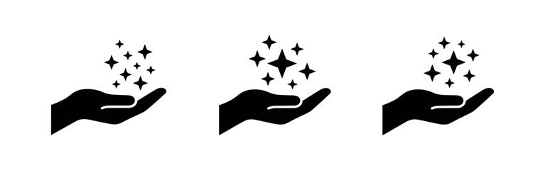 Hand holding sparkles icon set. Black silhouette of hands creating magic glitter or dust, vector illustration for magic and fantasy. © Lili