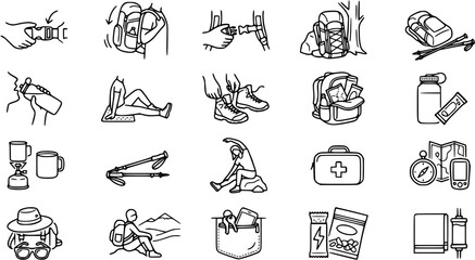 Fototapeta premium Black and White Line Art Icons of Camping and Hiking Gear