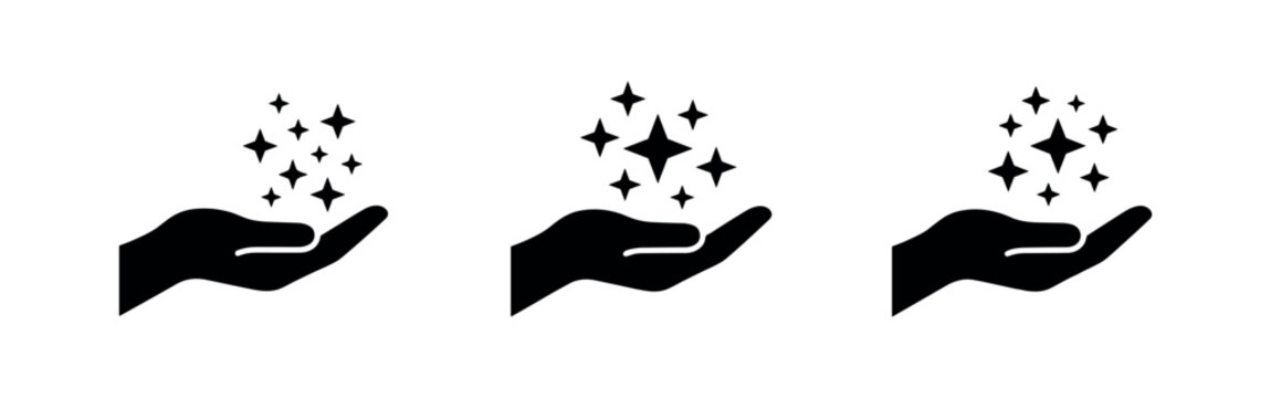 Hand holding sparkles icon set. Black silhouette of hands creating magic glitter or dust, vector illustration for magic and fantasy.