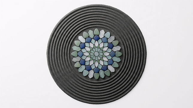 Top View of Sea Glass Mandala Pattern in Raked Black Zen Sand Garden Isolated on White Background.