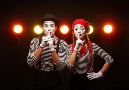 Two Professional Mimes Performing Shush Gesture on Stage with Bright Studio Lighting and Dark Background