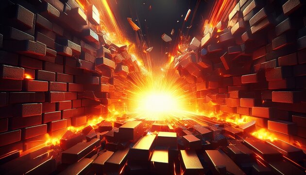 explosive breakthrough bricks shatter in fiery burst revealing bright energy source symbolizing progress and new beginnings