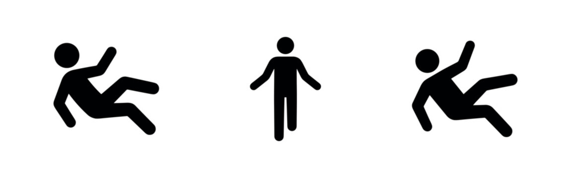 Slippery floor and falling person icons set. Black and white vector illustrations depicting accident, danger, and caution symbols.